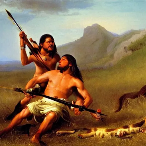 Prompt: native american man kills sabertooth!!!!!!!!! with bow and arrow on great plains, painting by emanuel leutze and emanuel leutze and emanuel leutze