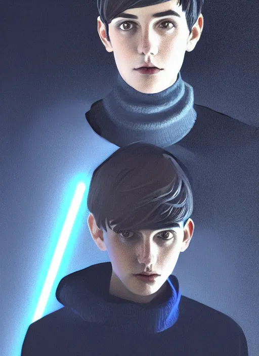 Image similar to portrait of teenage jughead jones wearing a light grey crown, crown, blue turtleneck, closed eyes, photorealistic, black hair, glowing lighting, intricate, elegant, glowing lights, highly detailed, digital painting, artstation, concept art, smooth, sharp focus, illustration, art by wlop, mars ravelo and greg rutkowski