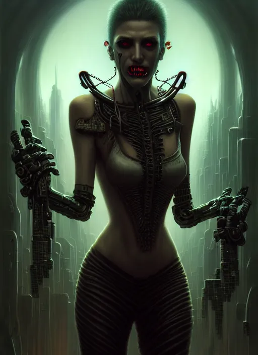 Image similar to portrait shot of a cyberpunk vampire in a scenic dystopian environment, intricate, elegant, highly detailed, centered, digital painting, artstation, concept art, smooth, sharp focus, illustration, artgerm, tomasz alen kopera, peter mohrbacher, donato giancola, joseph christian leyendecker, wlop, boris vallejo