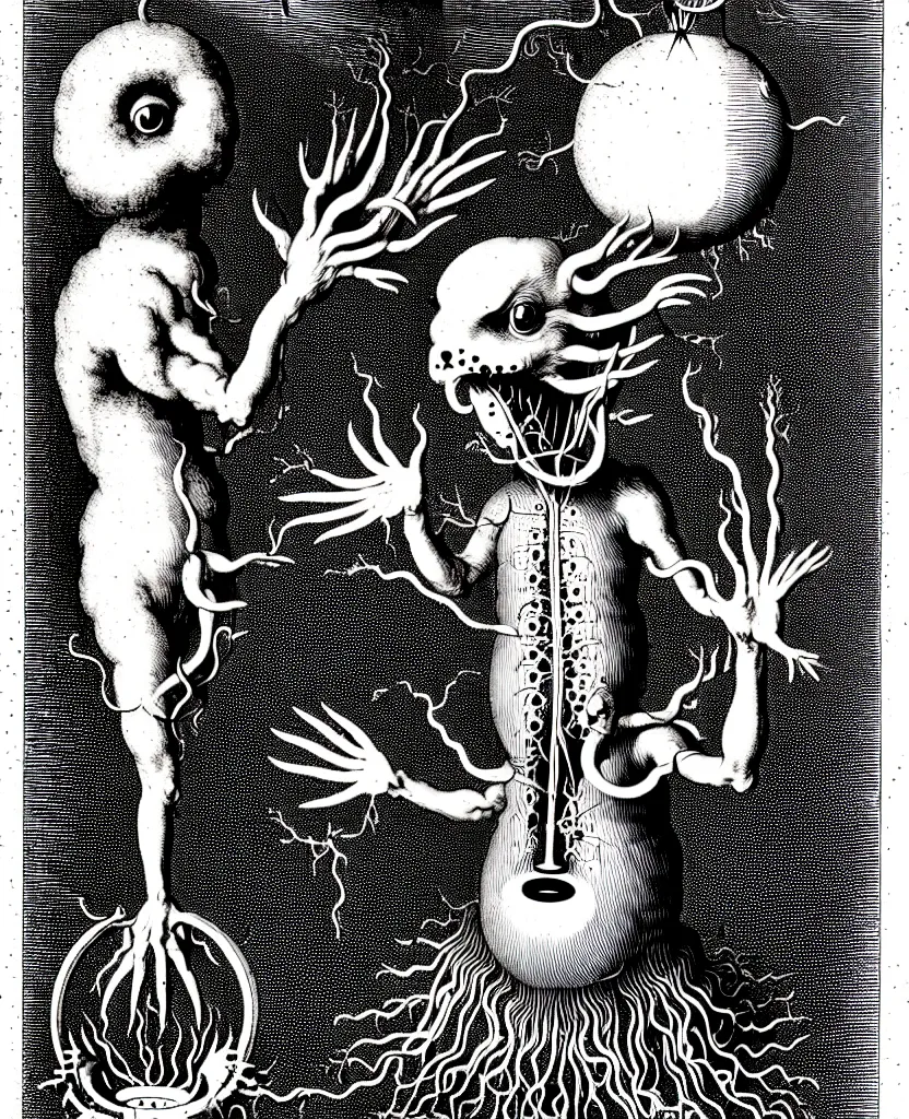 Image similar to whimsical freaky creature sings a unique canto about'as above so below'being ignited by the spirit of haeckel and robert fludd, breakthrough is iminent, glory be to the magic within