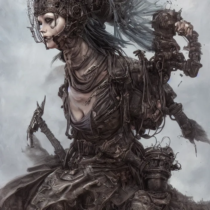 Image similar to beautiful apocalyptic woman in hooded cloak, standing on mad max panzer tank, hyper-detailed, smooth, sharp focus, 4k ultra hd, fantasy dark art, tank girl, artgerm, artstation, octane render, elegant, detailed digital painting, apocalyptic art, peter mohrbacher, Francis bacon