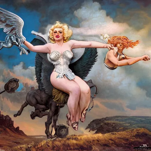 Image similar to an extremely detailed matte painting marilyn monroe as a terrifying valkyrie descending from valhalla on a pegasus, in the style of magic the gathering, 8 k, sharp focus, detailed face, art by john collier and albert aublet and krenz cushart and artem demura and alphonse mucha