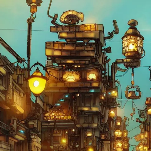 Image similar to robotic steampunk cat walking in a steampunk city at midnight, studio ghibli, extremely detailed, side view, lanterns can be seen lighting up the city, lonely,