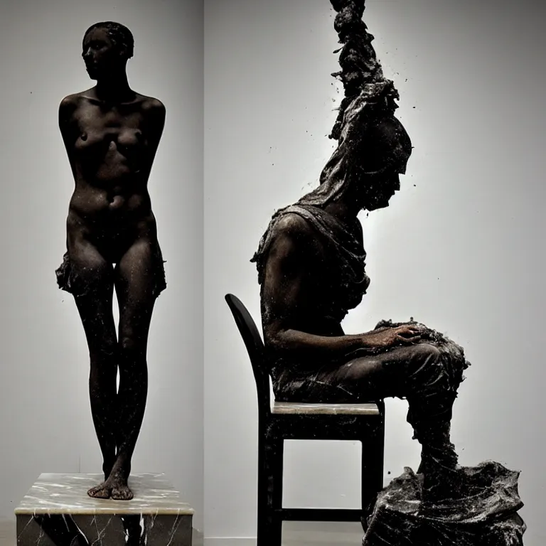 Image similar to a sculpture of a person sitting on top of a chair, a marble sculpture by nicola samori, behance, neo - expressionism, marble sculpture, apocalypse art, made of mist