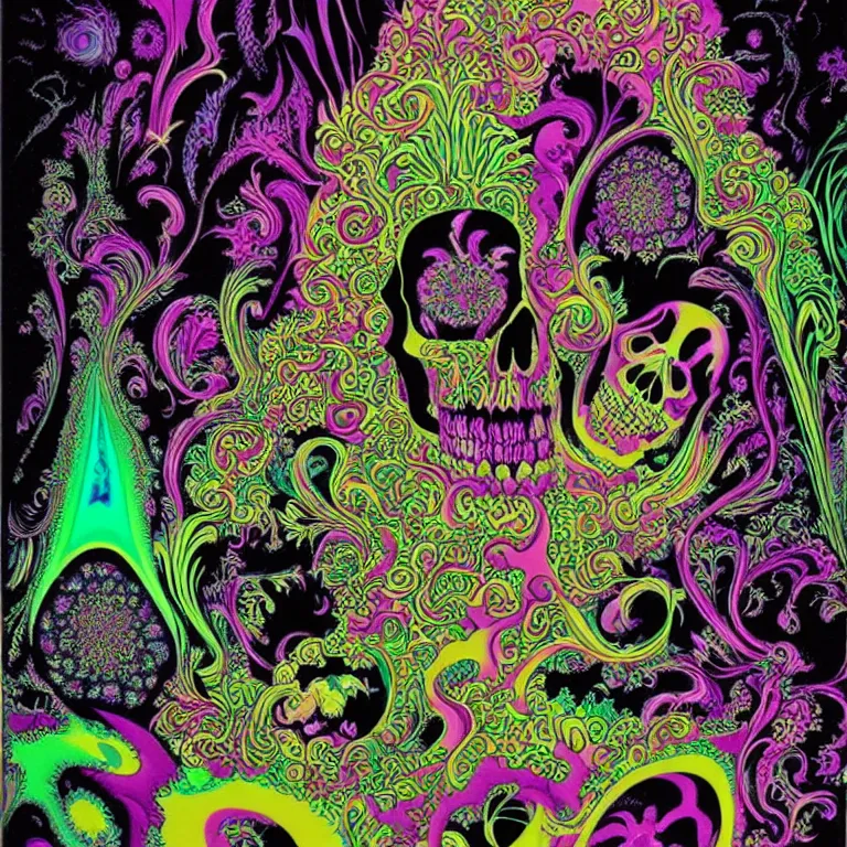 Prompt: psychedelic skull infinite fractal worlds bright neon colors highly detailed cinematic eyvind earle tim white philippe druillet roger dean lisa frank aubrey beardsley