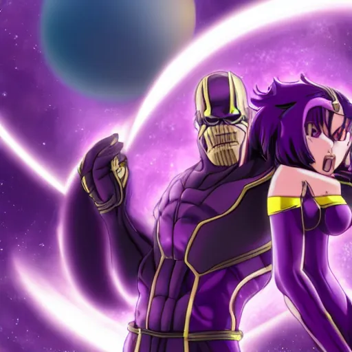 Image similar to thanos hugging his anime girl, extreme detail, epic focus, 4 k, anime style,