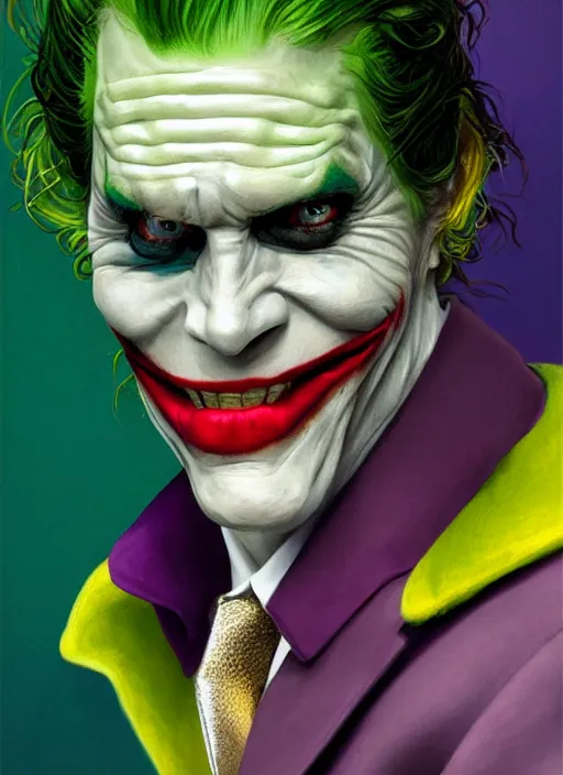 Prompt: portrait of sumptuous William Dafoe as the Joker, opulent, laughing pose, sigma male, gigachad, lavish green hair, batman crown, purple luxurious futuristic suit, fantasy, elegant, realistic, highly detailed, digital painting, artstation, concept art, smooth, sharp focus, illustration, art by artgerm and greg rutkowski and alphonse mucha