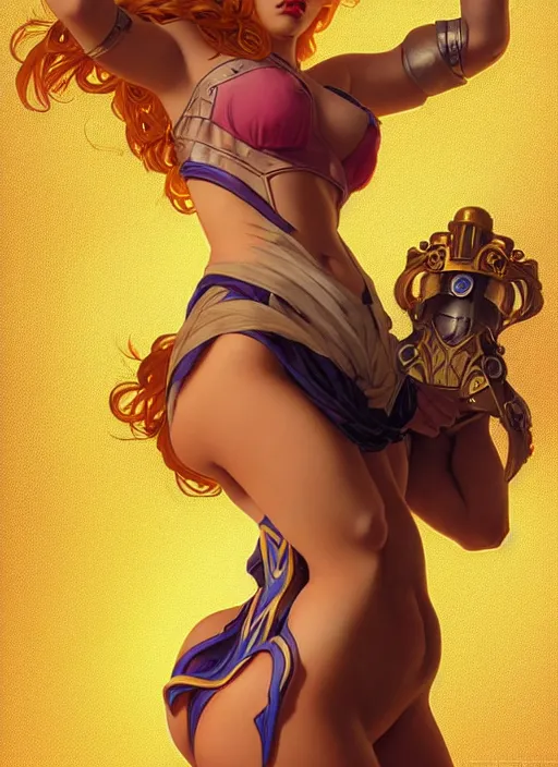 Prompt: leona from league of legends with hands clasped over head, minimal clothing, pinup pose, hyper detailed, digital illustration, illustration, trending in artstation, cinematic lighting, studio quality, sharp focus, intricate, elegant, art style by alphonse mucha and klimt and nixeu and ian sprigger and wlop and krenz cushart