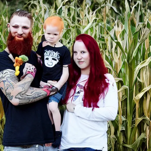 Image similar to photo of a slender attractive couple. The woman has long straight red orange hair. The man has a dark thick neatly groomed beard and tattoos. They are holding a giant corn and a cute baby.