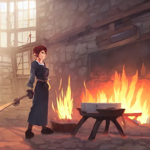 Image similar to “a full body portrait of the short and fiery blacksmith Moira at her forge, blacksmith's outfit, inside building, makoto shinkai, james gilleard, very detailed, matte, gaussian blur, tone mapped, Akihiko Yoshida”