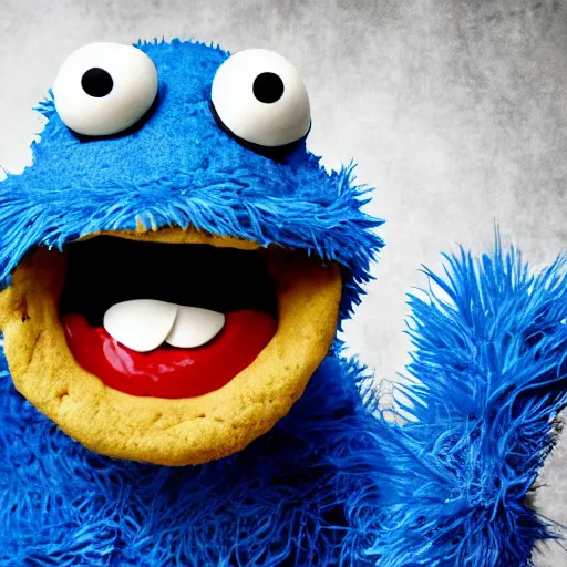 Image similar to meth head cookie monster, 4 k, high detail, high - resolution photograph, professional photography, ultra - detail