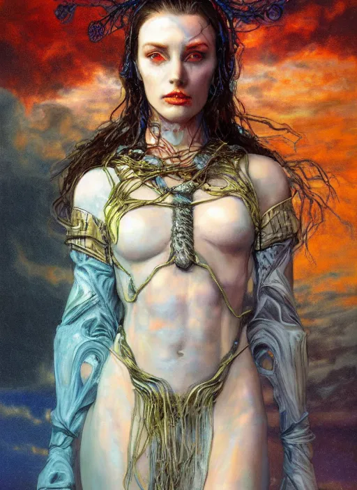 Prompt: biblical shy beautiful female druid android, made of glass, bright glowing veins, in clouds, sunset, portrait, by gerald brom, by mikhail vrubel, by peter elson, muted colors, extreme detail, reflections, trending on artstation, 8 k