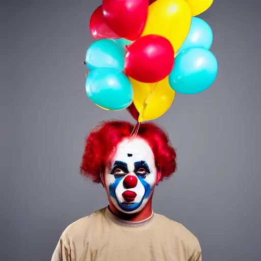 Image similar to a vintage studio portrait of a sad clown with balloons behind him, black background, chiaroscuro lighting, close up portrait, shallow depth of field, 8 0 mm, f 1. 8