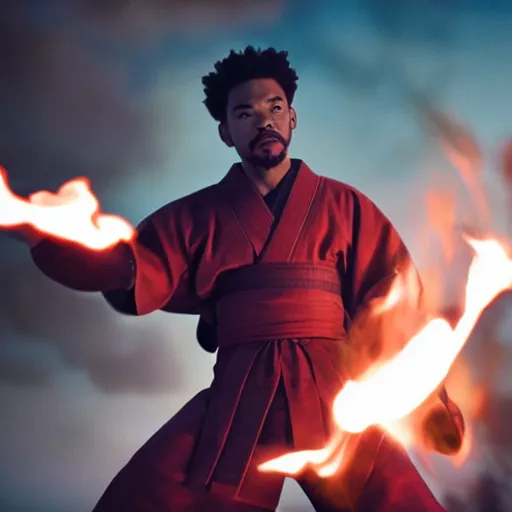 Image similar to cinematic film still of Chance The Rapper starring as a Samurai holding fire, Japanese CGI, VFX, 2022, 40mm lens, shallow depth of field, film photography