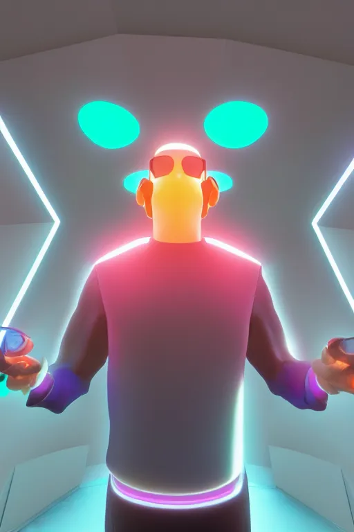 Prompt: bald man in an oculus quest 2 looking up to the right, three point lighting, colorful, colored lights, oculus quest 2, oculus, gradient backround, 8 k, octane render, realistic