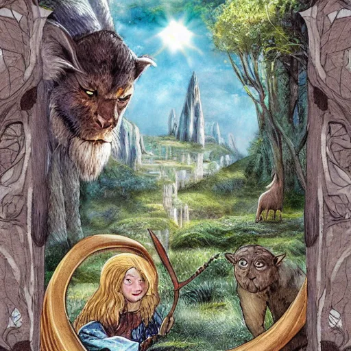 Image similar to Chronicles of Narnia and The Hobbit mixed into a dream storybook illustration