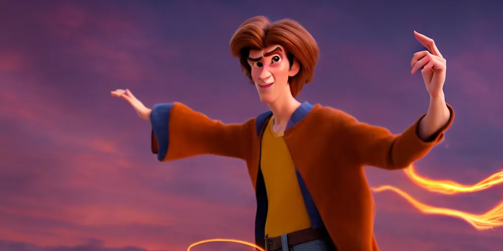 Image similar to a dramatic scene of a handsome caucasian male sorcerer with brown hair casting a spell that is emanating from his hands, action pose, medium shot, depth of field, sharp focus, waist up, pixar and dreamworks animation style