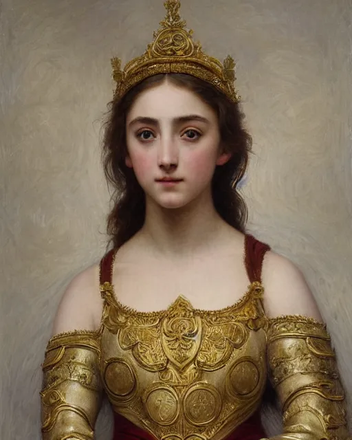 Prompt: a 16-year old girl who resembles Ana de Armas and Saoirse Ronan, dressed in ornate, detailed, intricate golden armor, detailed oil painting by William Adolphe Bouguereau