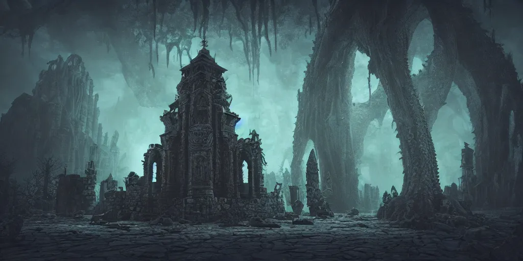 Image similar to old gothic cthulhu temple in r'lyeh by akira toriyama, matte painting, dynamic lighting, ultrarealistic, cinematic, octane render, trending on artstation, 8 k