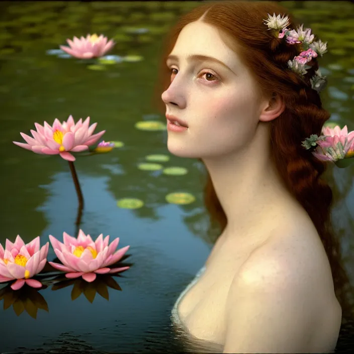 Image similar to Kodak Portra 400, 8K, soft light, volumetric lighting, highly detailed, britt marling style 3/4 ,portrait photo of a beautiful woman how pre-Raphaelites painter, the face emerges from the water of a pond with water lilies, a beautiful lace dress and hair are intricate with highly detailed realistic beautiful flowers , Realistic, Refined, Highly Detailed, natural outdoor soft pastel lighting colors scheme, outdoor fine art photography, Hyper realistic, photo realistic