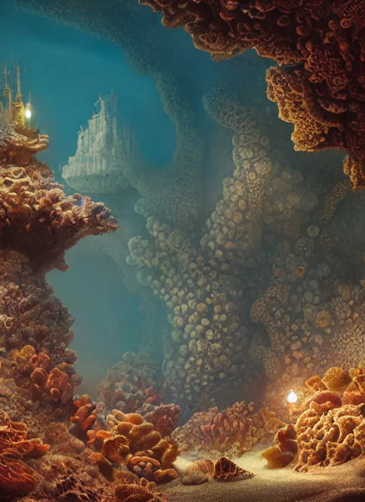 Prompt: sea shell under the sea, corals, sand, volumetric light, dramatic, wide angle, intricate, ornate, digital art, 4 k, artistic beautifully, by jim burns and greg rutkowski, john atkinson grimshaw