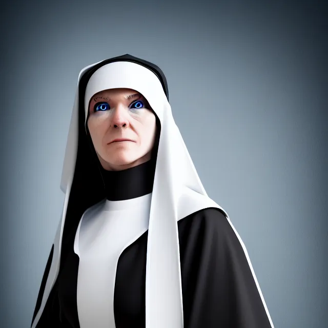 Prompt: futuristic nun warrior, highly detailed, 8 k, hdr, smooth, sharp focus, high resolution, award - winning photo