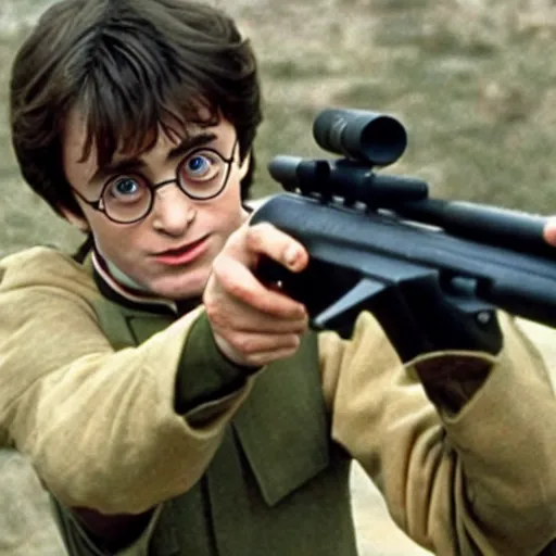Prompt: harry potter aiming down the sights of an m 1 6 rifle, movie still frame