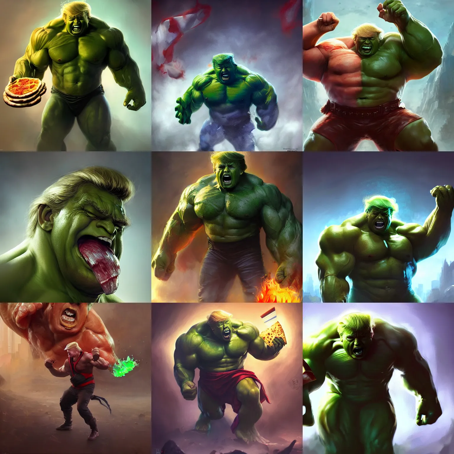 Prompt: donald trump as the incredible hulk, eating pizza, 3 d render, hyper - realistic detailed portrait, ruan jia, wlop. scifi, fantasy, magic the gathering, hyper detailed, octane render, concept art, peter mohrbacher