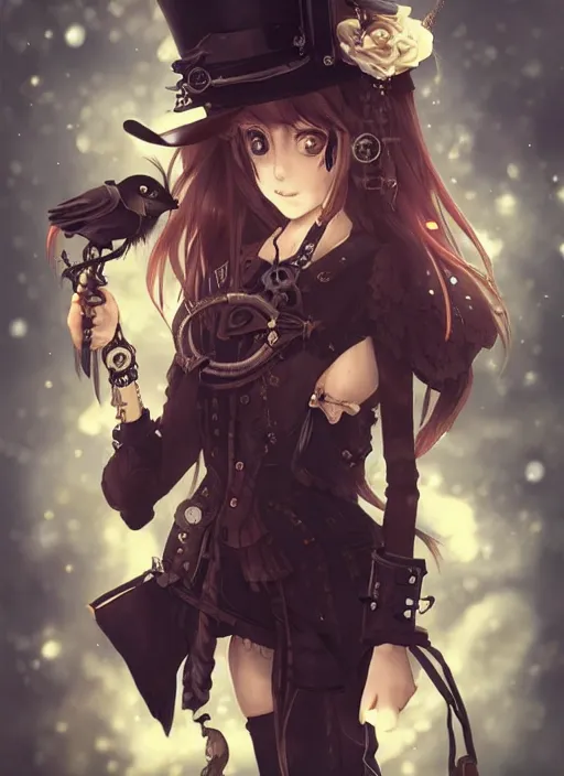 Image similar to steampunk themed anime girl with a steampunk robotic crow on her shoulder, finely detailed, portrait, beautiful, cinematic lighting, made by wlop, artgerm, illustration