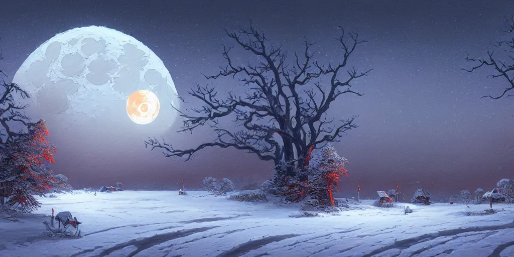 Prompt: painting a snowy landscape under the blood moon, decorated, intricate, elegant, highly detailed, digital painting, artstation, concept art, smooth, sharp focus, illustration, art by gerald brom, 8 k