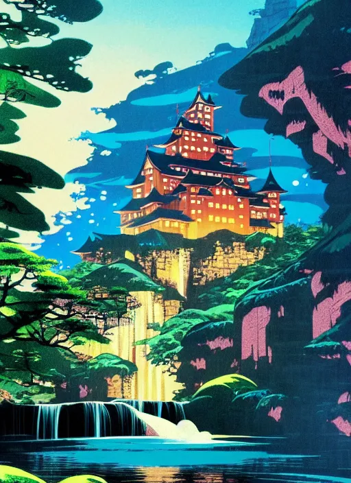 Prompt: magical castle, waterfall, river, scenery wallpaper aesthetic, anime style, beautiful, cinematic, dramatic, super detailed and intricate, hyper realistic, by koson ohara, by darwyn cooke, by hiroshi yoshida