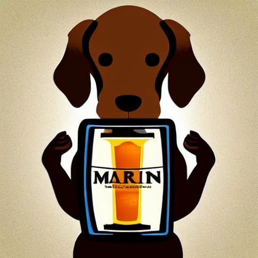 Image similar to a brown spaniel with a white chest playing a piano, Martini on the side. Artwork adult swim style, beer logo, no text