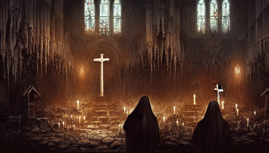 Prompt: dark rotting priest conducts rite of baptism, destroyed church, blood, crosses, religion, death, fear, horror, ultra realistic, hyperrealism, perfect faces, fine details, detailed and intricate environment, by stephan koldi, by marc simonetti, 4 k