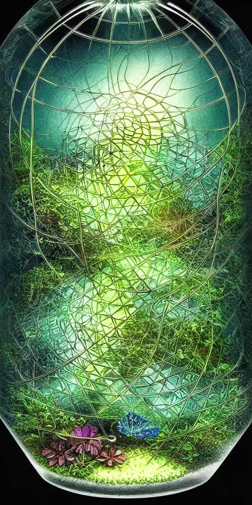 Prompt: graphic of enchanted terrarium, water flows inside the terrarium, digital art, highly detailed illustration, Yoshitaka Amano, golden ratio, rule of thirds