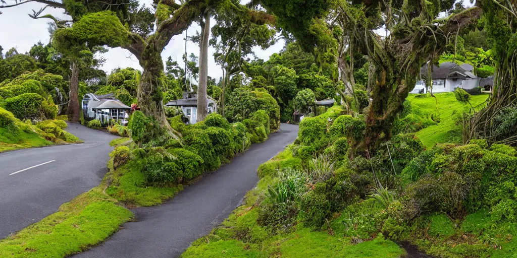 Image similar to a suburban street in wellington, new zealand. quaint cottages interspersed with an ancient remnant lowland podocarp broadleaf forest full of enormous trees with astelia epiphytes and vines. rimu, kahikatea, cabbage trees, manuka, tawa trees, rata. stormy windy day. landscape photography 4 k. stream in foreground