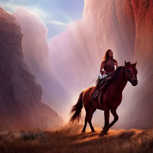 Image similar to spirit, the wild horse from the spirit movie, with the young girl lucky on his back galloping next to a canyon into the sunset, movie poster, intricate detail, 8 k, trending on artstation, octane render