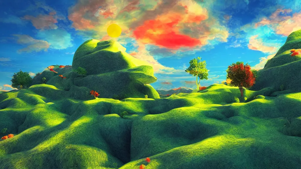 Image similar to beautiful landscape, surrealism, bright color pallet, low quality render