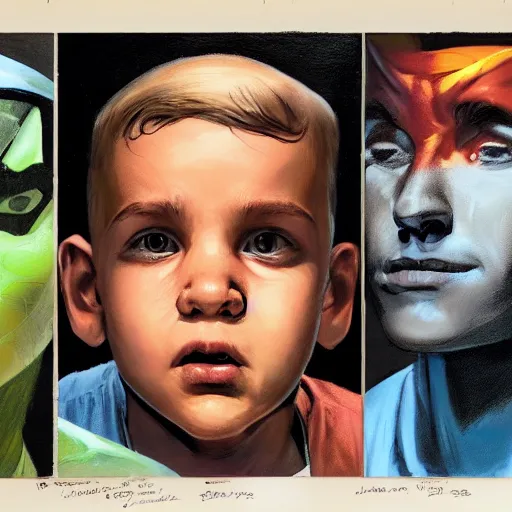 Prompt: Alex Ross and Sergio Bleda and Jérémy Petiqueux and Alex Maleev artwork of a portrait of a boy super scientest
