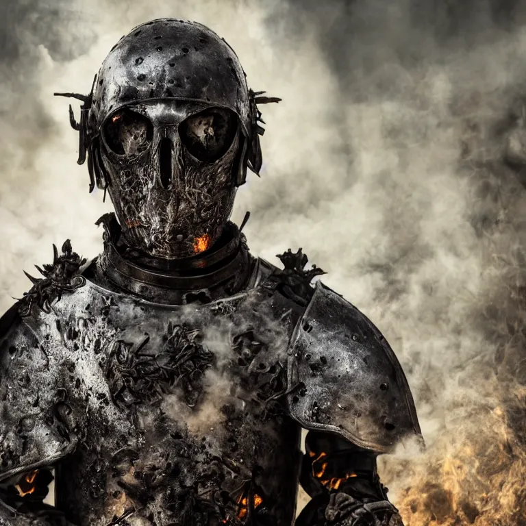 Image similar to undead man in armour in burned forest full of smoke, medieval style, highly detailed, smooth, sharp focus, character portrait, portrait, close up, concept art, intricate details, goth, medieval poster, 8 k. lifelike. dark light. nikon d 8 5 0