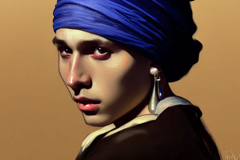 Prompt: Boy with a black pearl earring, portrait, sharp focus, intricate, elegant, digital painting, artstation, matte, highly detailed, concept art, illustration, ambient lighting, art by artgerm, Alphonse mucha, and Greg Rutkowski