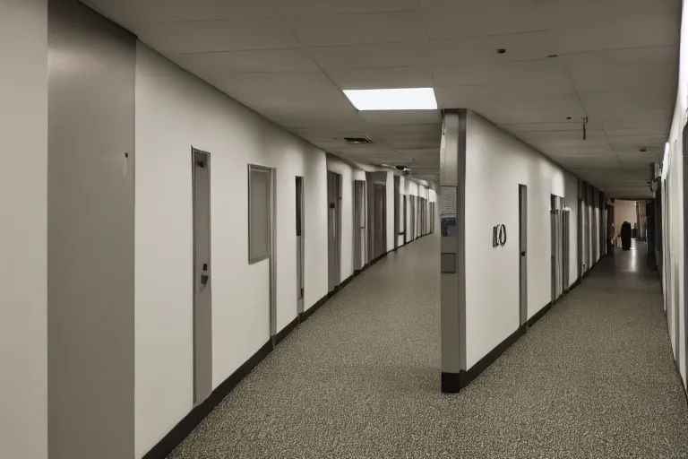 Image similar to a photo, five and a half minute hallway, at night, strange angles, lots of corridors