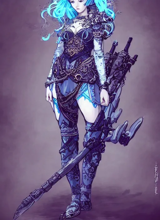 Prompt: Full body portrait of a cute elven girl with short curly blonde hair in ornate gray and blue attire, vibrant colours. In style of Yoji Shinkawa and Hyung-tae Kim, trending on ArtStation, dark fantasy, great composition, concept art, highly detailed.