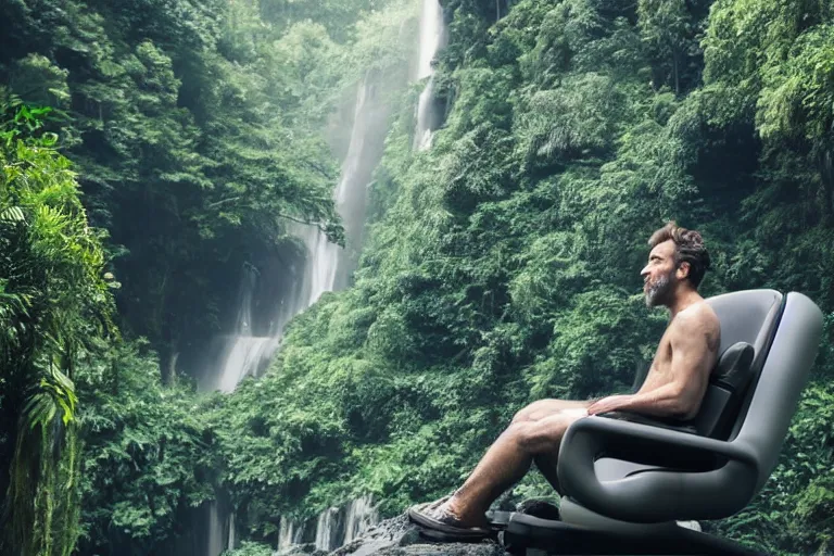 Image similar to movie closeup young man with a grey beard in a cyberpunk suit sitting on a futuristic chair at the edge of a jungle waterfall by emmanuel lubezki
