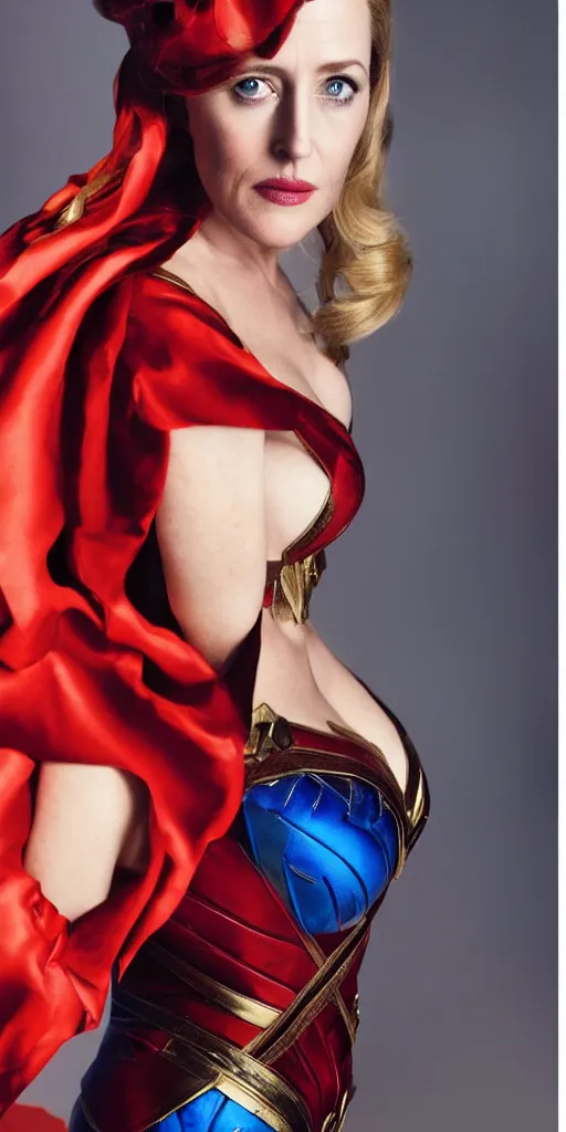 Image similar to full length photo of a beautiful 40-year-old Gillian Anderson dressed as wonder woman by Mario Testino and stanley lau, detailed, head shot, award winning, Sony a7R, trending on artstation