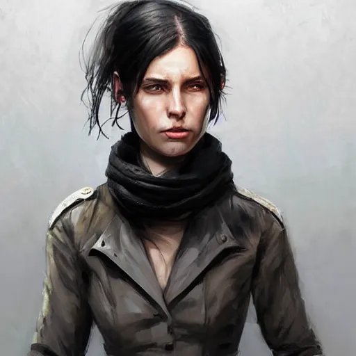 Image similar to Portrait of a woman by Greg Rutkowski, she is about 20 years old, round face, mixture between german and russian, black bob hair, attractive, determined but resentful look, she is wearing futuristic military fatigues with a black scarf, highly detailed portrait, scifi, digital painting, artstation, concept art, smooth, sharp foccus ilustration, Artstation HQ.