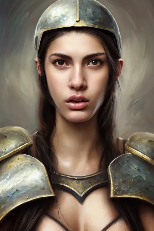 Image similar to a photo-realistically painted portrait of an attractive young girl, partially clothed in chunky battle armor, abstract background, flawless olive skin, fair complexion, long dark hair, beautiful bone structure, perfectly symmetric facial features, perfect photorealistic eyes, natural physique, intricate, elegant, digital painting, concept art, finely detailed, beautifully illustrated, sharp focus, minimal artifacts, volumetric lighting, from Metal Gear, by Ruan Jia and Mandy Jurgens and Artgerm and William-Adolphe Bouguerea, in the style of Greg Rutkowski, trending on Artstation, award winning art