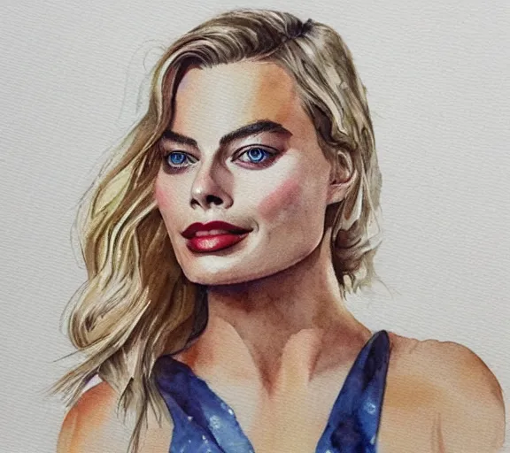 Prompt: A portrait of margot robbie, watercolor art, highly detailed, trending on artstation