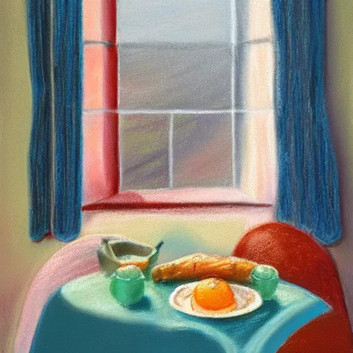 Prompt: a still life pastel painting of a breakfast table overlooking an open window