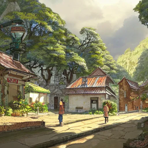 Image similar to concept art painting of a historic bakery with european and japanese architecture, in a woodland village surrounded by trees, in a mountain valley, realistic, detailed, cel shaded, in the style of makoto shinkai and greg rutkowski and james gurney