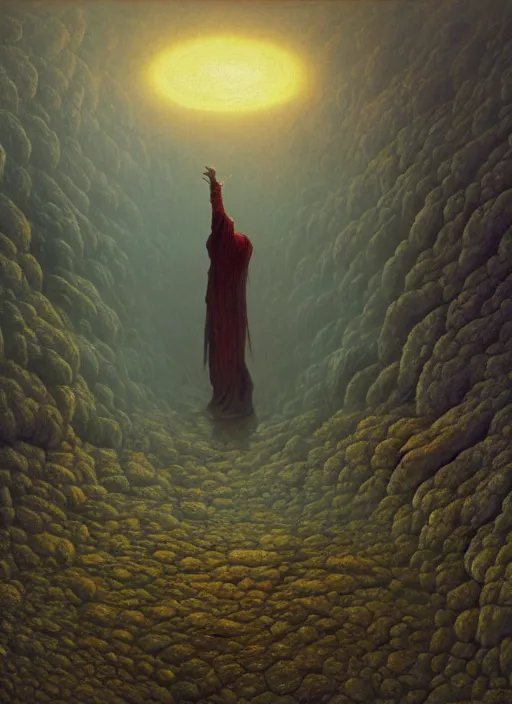Image similar to a ray traced painting of a necromancer casting an evil spell, fantasy art, 4k, HDR, photorealistic, 8k by zdzisław beksiński